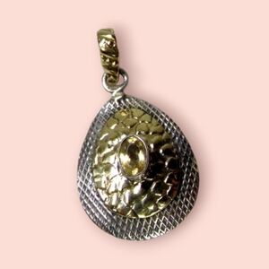Natural Oval CITRINE Sterling Silver Two tone Structured Pendant